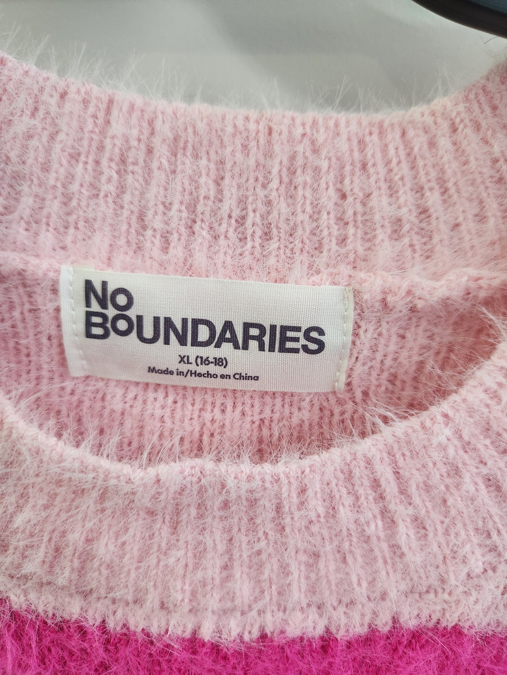 No Boundaries Pink Fuzzy Crewneck Sweater with Hot Pink Stripes Size XL (16-18) - Picture 7 of 8